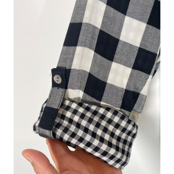 J. Jill Gingham Double Cloth Dress Roll Tab Sleeve Button Back Black & White - Picture 5 of 16